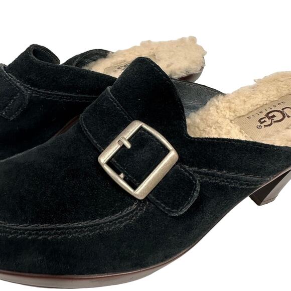 UGG Black Suede Shearling Slip On Heeled Mules - Picture 9 of 9